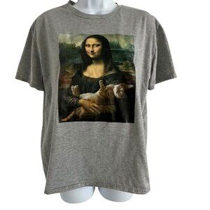 Women's t-shirt mona lisa holding cat tag size XL fits small gray short sleeve
